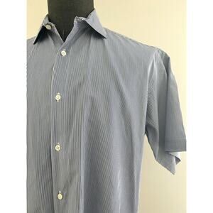 Perry Ellis Short Sleeve Button Down Dress Shirt Blue White Stripes Sz 16 SG